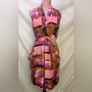 Bar III Pink Brown Purple Draped Watercolor Colorblock Feminine Dress Size Large